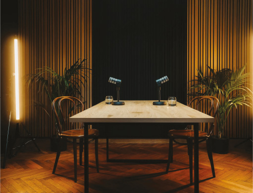 The PrusaLab podcast studio with two microphones